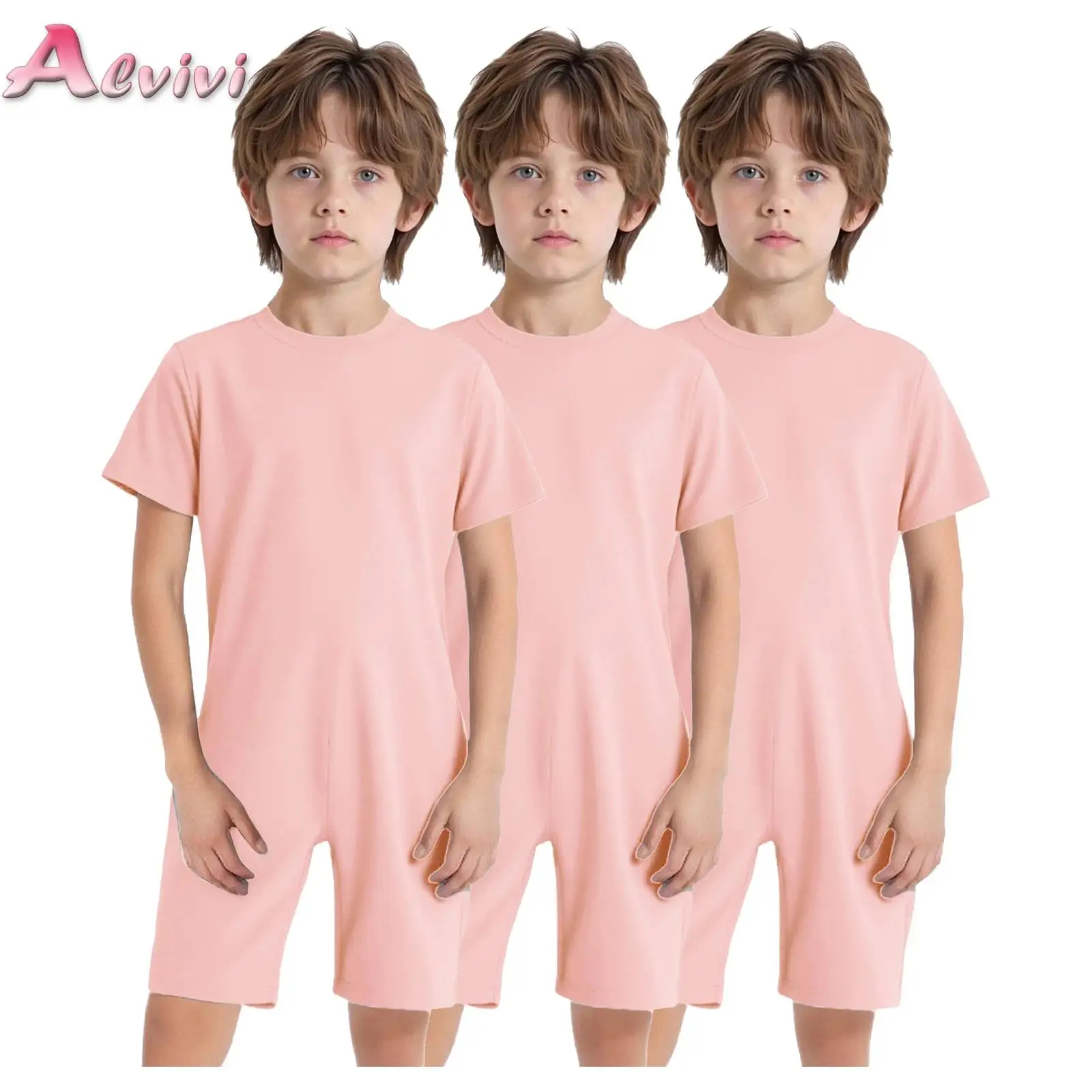 

4-16Y 3Pcs Kids Girls Boys Special Needs Adaptive Clothing Round Neck Short Sleeve Back Invisible Zipper Solid Color Jumpsuit