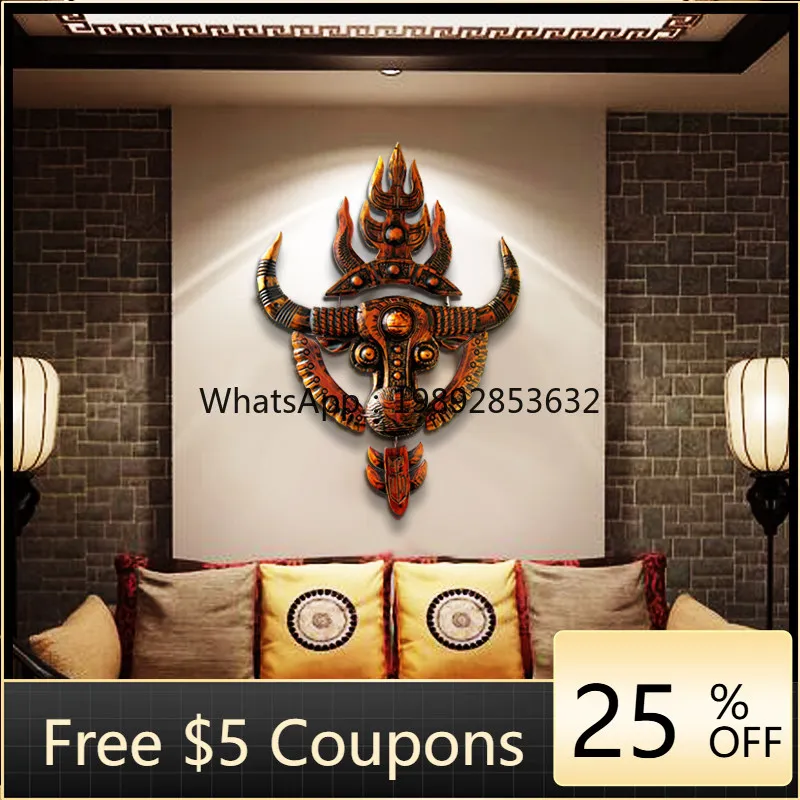 

Creative wooden animal cow head wall decoration homestay wood carving living room wall decoration