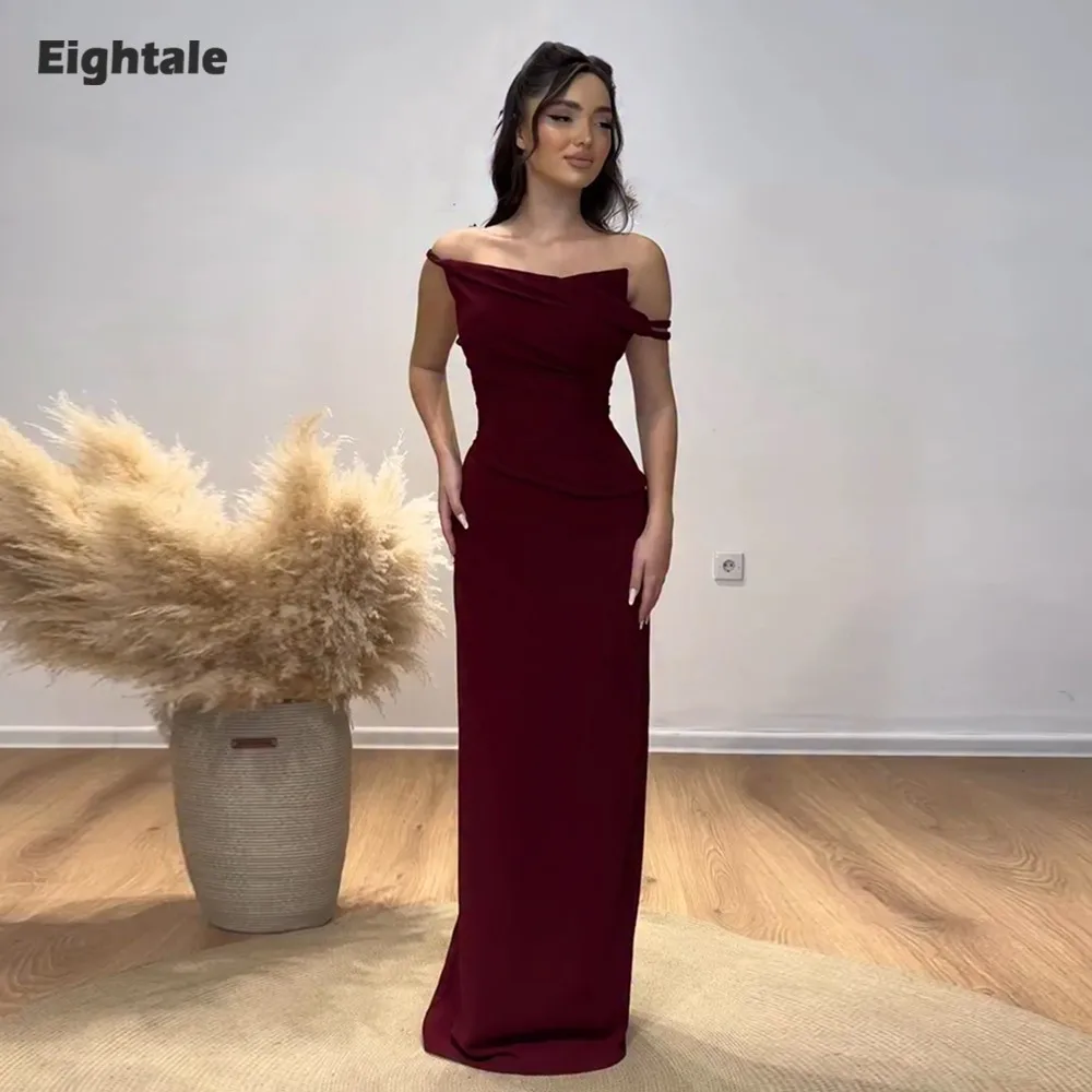 

Eightale Arabic Evening Dress Customized off the Shoulder Satin Floor Length Burgundy Prom Wedding Party Gown Vestidos De Gala