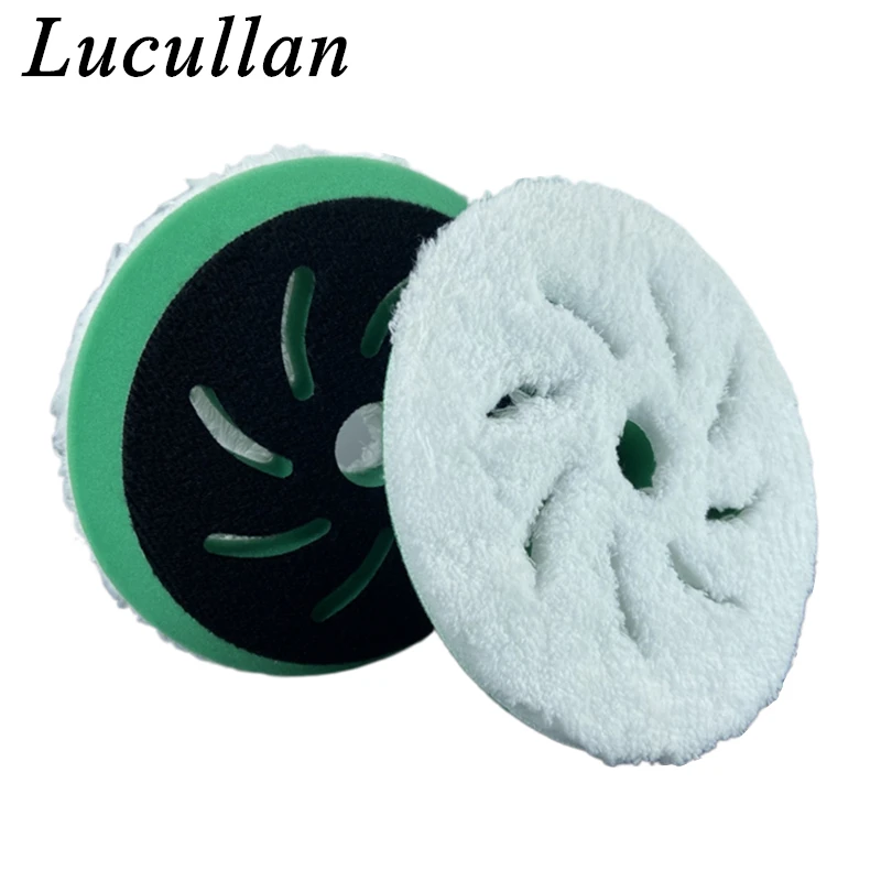 Lucullan 5.2inch Fan Blade Shape Hole Finishing Pad White Microfiber on a Green T Foam Sponge