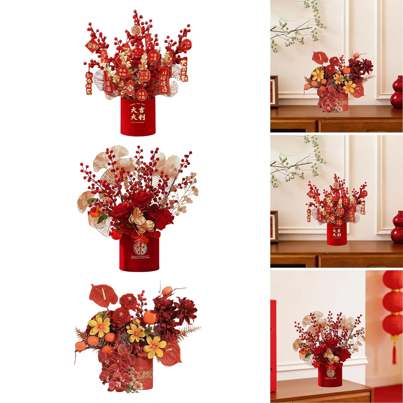 

Chinese New Year Decoration Blessing Bucket Table Centerpiece Artificial Red Berry Branches for Hotel Dining Room Wedding