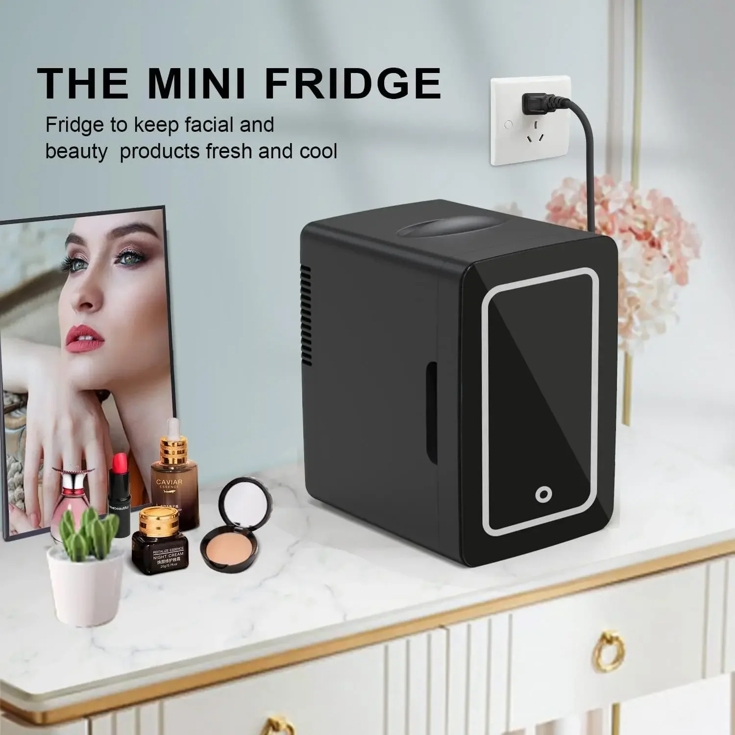 Portátil Skincare Frigorífico com Espelho de Maquiagem, Mini Cooler and Warmer para Skincare Maquiagem e Snacks, Perfeito para Quarto, 6.2L