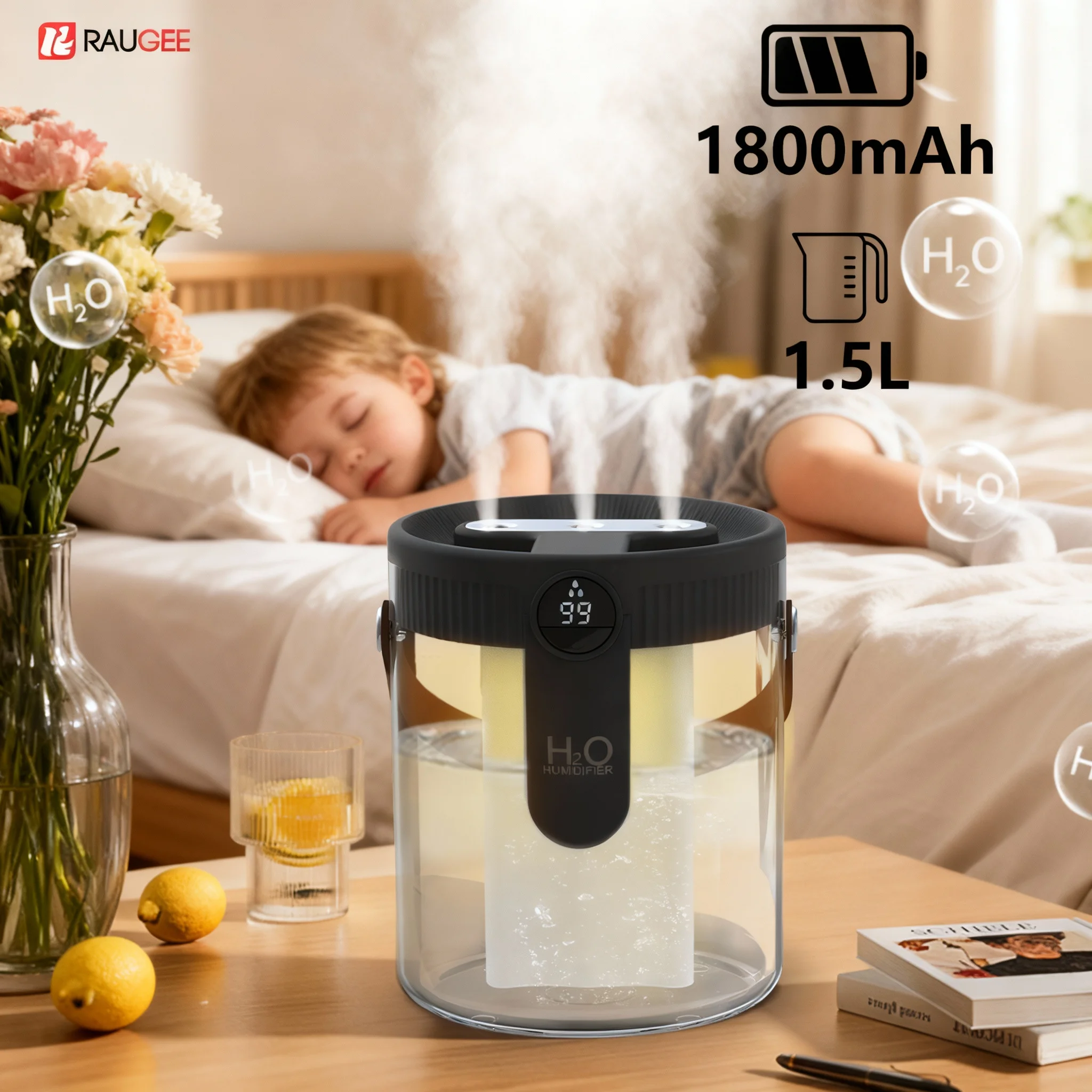 

1.5L Large Capacity Air Humidifier Three Outlet Mist Humidifier 1800mAh USB Rechargeable Silent Air Atomizer Lighting Humidifier