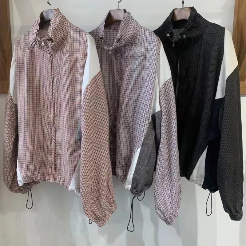 Johnature New Japanese-style Color-block Plaid Jacket For Women Loose Casual Drawstring Hem Versatile Sun-protection Jackets