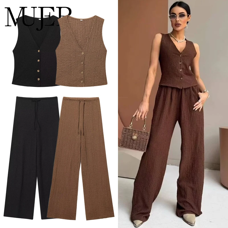 MUJER Damen-Hosen-Sets, strukturierte Hosen-Sets mit hoher Taille für Damen, 2-teilig, ärmellose Weste, Damen-Outfit, Damen-Sets, Damenanzüge