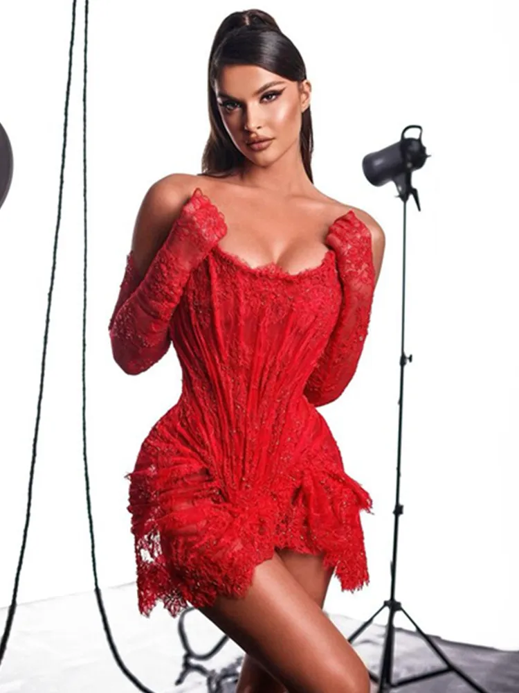

Summer Women Luxury Sexy Red Black Strapless Corset Bodycon Mini Lace Dress with Gloves Evening Club Party Dress High Quality