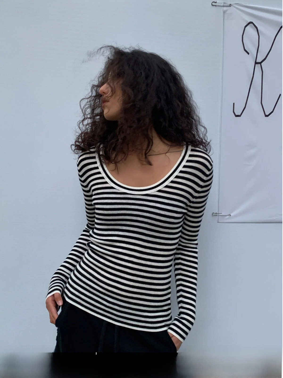 Slim Fit Short Knit Top Women's Base Layer U-Neck Pullover Black Stripe Design Commute Style Autumn New Arrival GOGO BURN