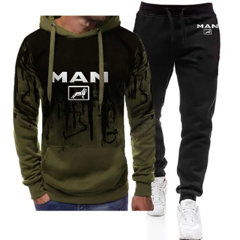 

2024 MAN Truck Logo Print Spring Autumn Men's Popular Gradient Color Hoodies+Sweatpants Set Personality High Quality Sports Suit