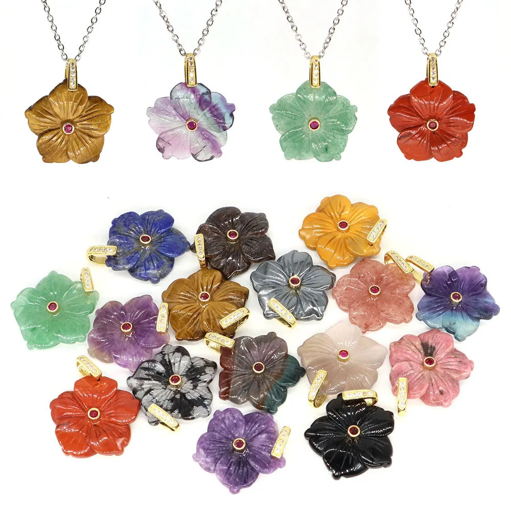 28mm Peach Flowers Natural Stone Healing Crystal Amethyst Tiger Eye Amazonite Gems for DIY Jewelry Accessories Hand Carved Gifts