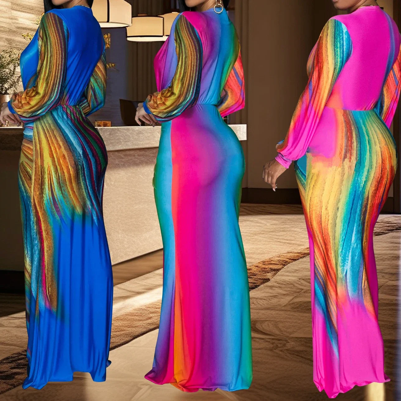 Férias de verão manga cheia longo maxi vestido ruched feminino gradiente impressão elegante festa noite vestidos de baile hxy1986