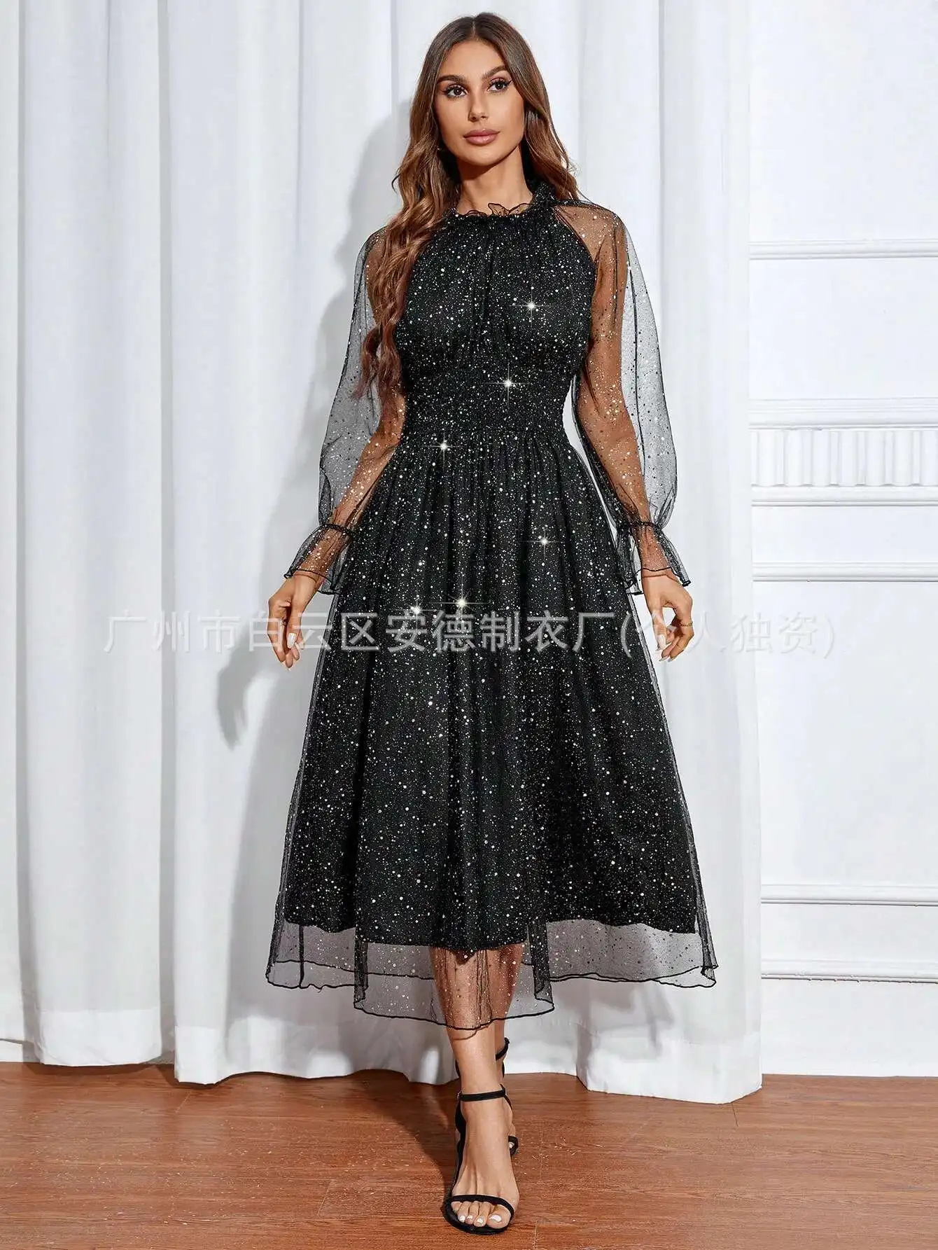 

Fashion Women's Elegant Mesh Gold Foil Waist-cinching Puff Sleeve Dress Bridesmaid Dress 2025 Party Summer Elegantes Casual Y2k