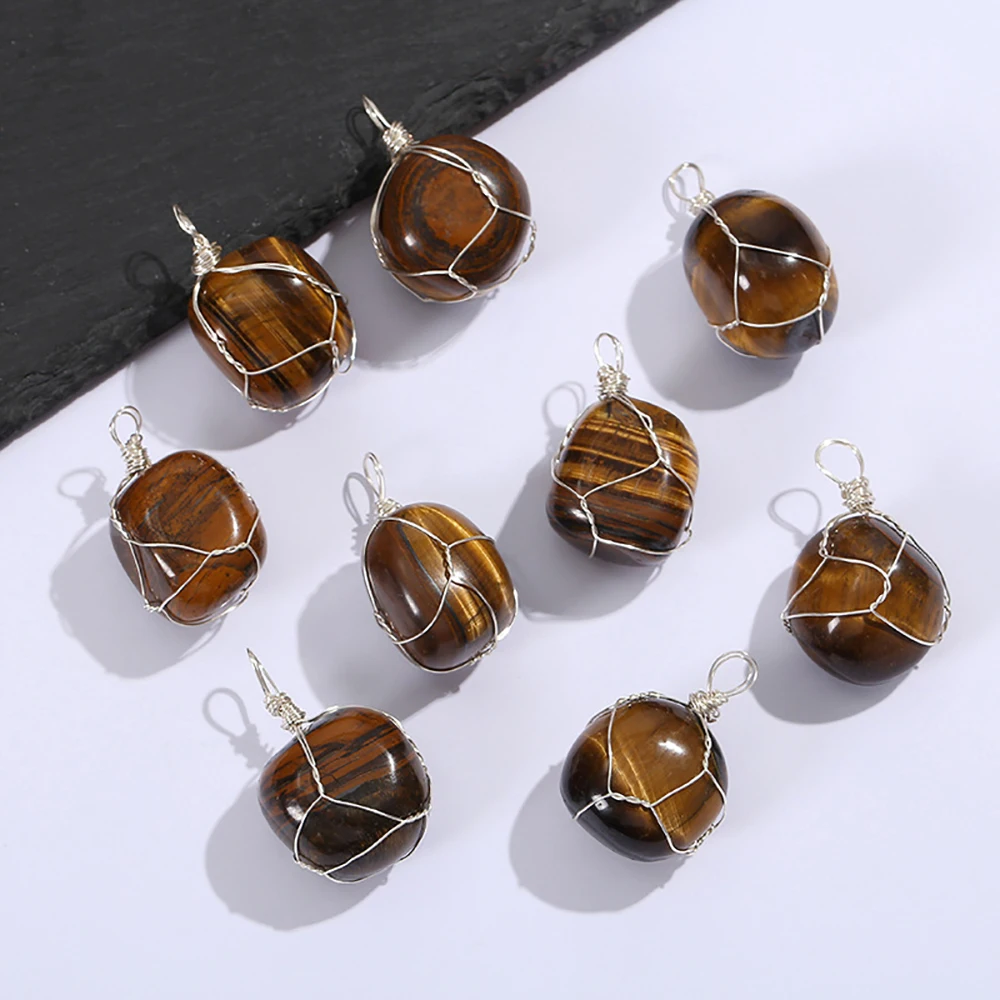 Natural Tiger Eye Stone Silver Wire Wrapped Pendant Chakra Healing Crystals Confidence Luck Prosperity Irregular Tumbled Stones