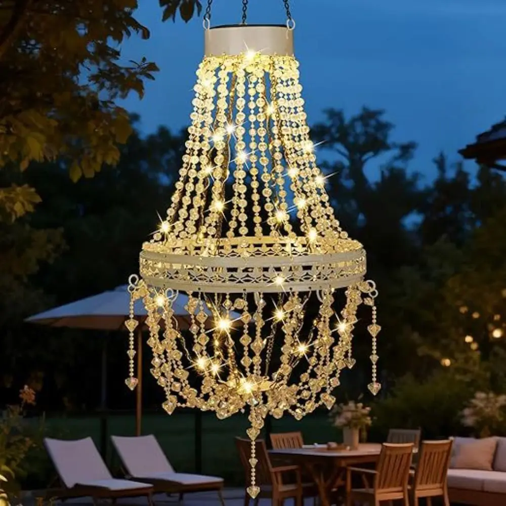 Waterproof Solar Hanging Lantern Modern Design Crystal Acrylic Solar Chandelier IP44 Simulated Bead Accents