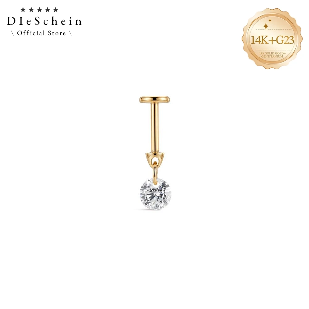 DIeSchein 14K Solid Gold Flat Back Earrings for Women Drop Single Crystal Piercing Stud Internal Thread Labret Flat Back Earring