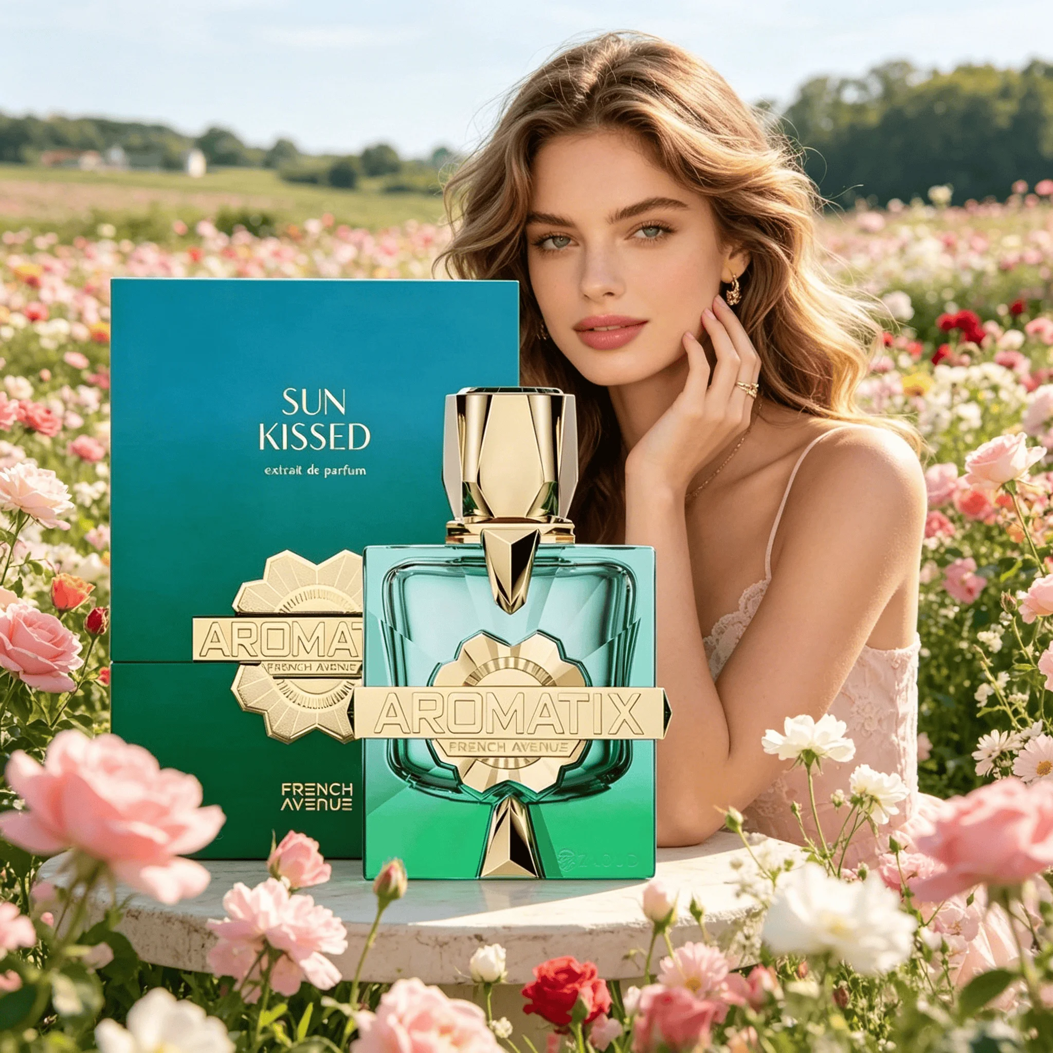 French Avenue Aromatix Sun Kissed Extrait De Parfum For Women Bright Juicy Floral Fruity Citrus Aroma Long Lasting Transparent Turquoise Square Bottle With Embossed Gold Metal Badge Daily Dating Summer Travel Present