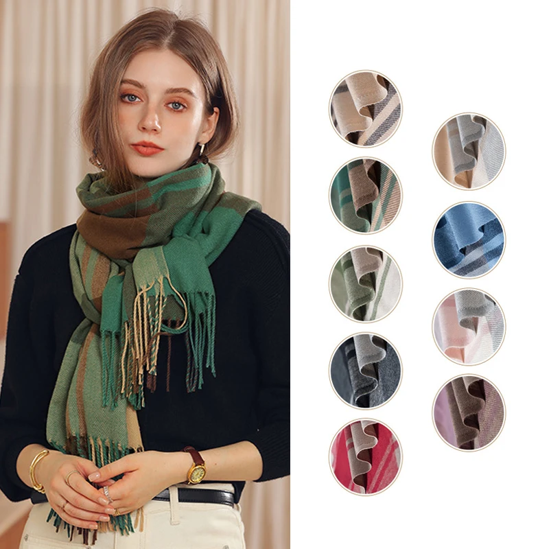 

65*185cm Winter Scarf for Women Cashmere New Outdoor Plaid Short Warm Fringed Scarf Women's Thickened Shawl Fashion Solid Gift