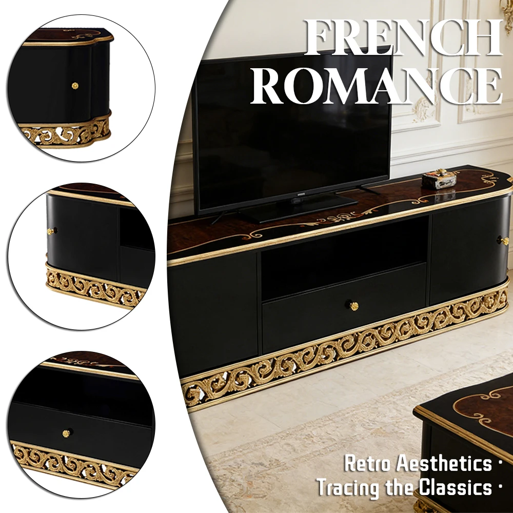 !@European Luxury Design Villa High-Gloss Black Lacquer Storage TV Stand Ebony&Burl Veneer Solid Wood TV Cabinet for Living Room