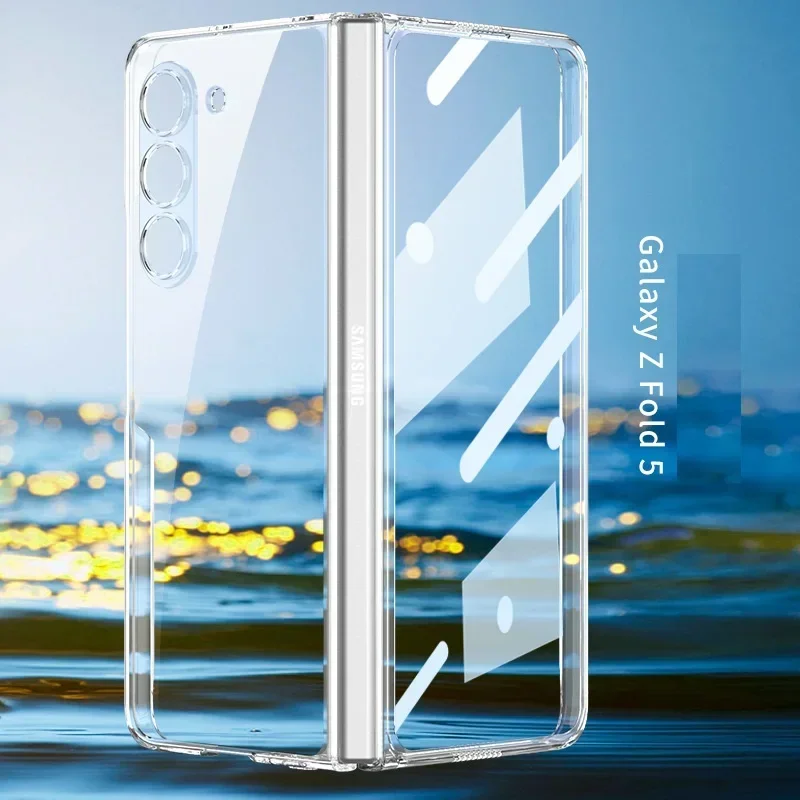 Luxury Plating HD Transparent Case For Samsung Galaxy Z Fold 7 6 5 4 5G Case with Ring Metal Ring Clear Shockproof Shell Case