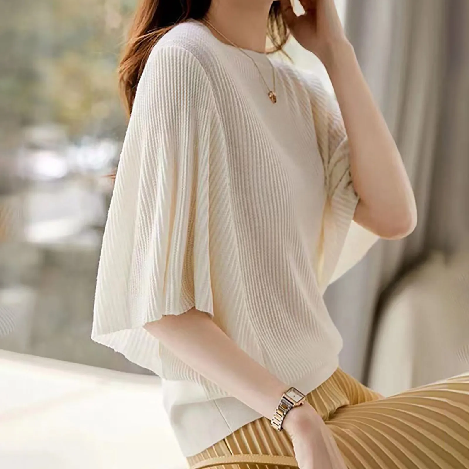 Sweaters For Women Trendy Women Ice Silk Knitted Temperament Loose And Slim Ruffled Bat Sleeve Ofertas Y LiquidacióN Todo Barato