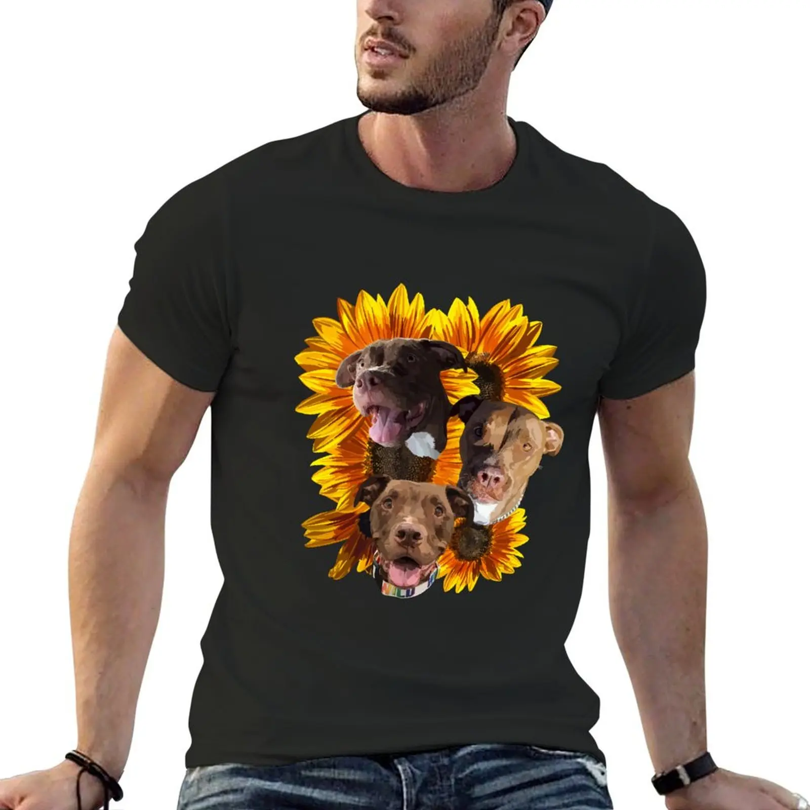 

Pitbull and sunflowers T-Shirt essential t shirt summer tops mens funny t shirts