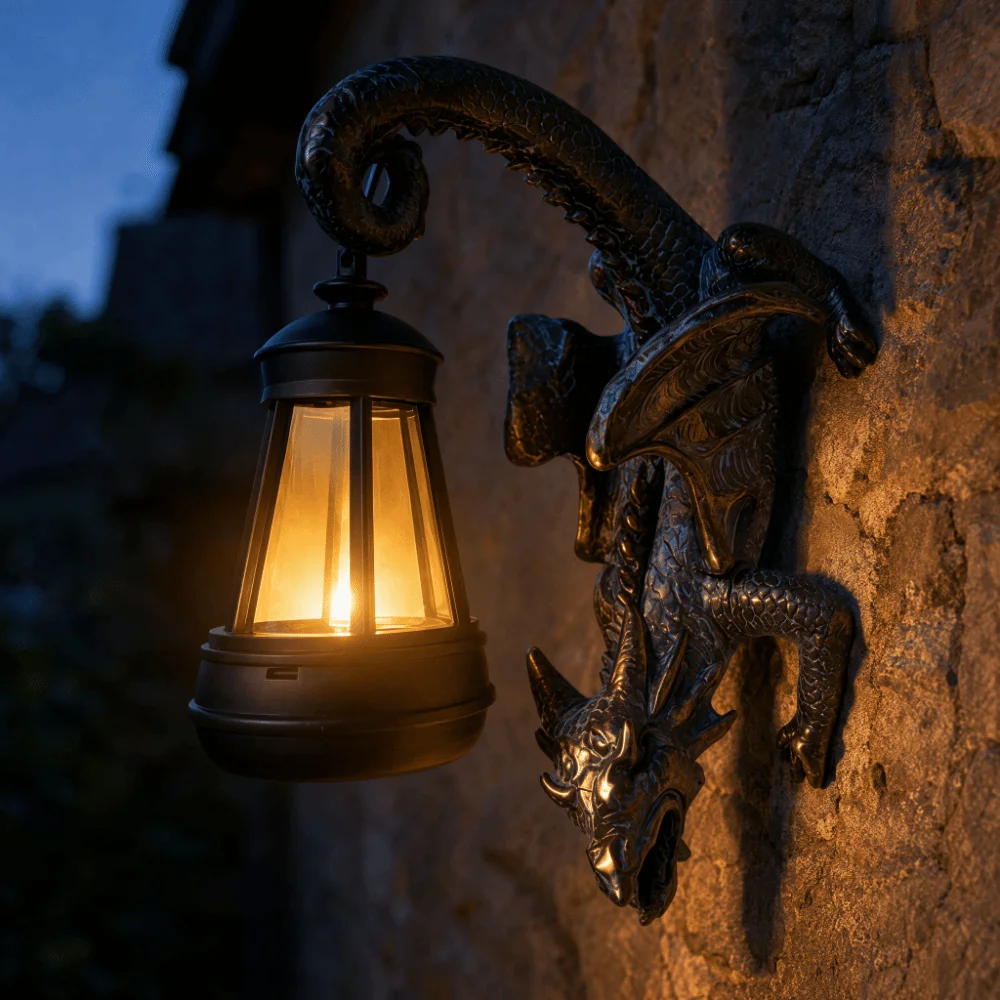 Solar-Powered Dragon Garden Statue Resin Craft Whimsical Design Dinosaur Lantern Light-Up Ornament Creative Decoration