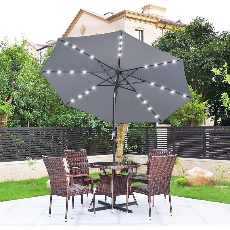 9ft Patio Umbrella with Solar Lights, 32 LED Lighted Table Umbrella Outdoor Patio, 8 Ribs Market Umbrella w/Tilt Adjustment