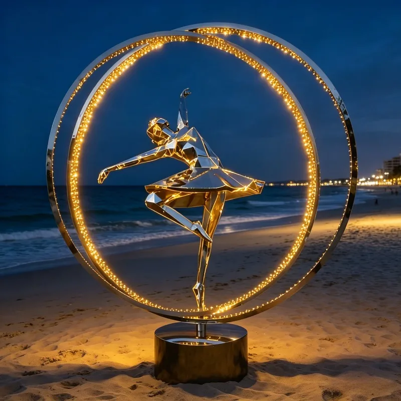 Lighted Hollow Ring Stainless Steel Ballet Dancer Sculpture Custom Glowing Decor For Outdoor Beach Villa Garden Night Landscape