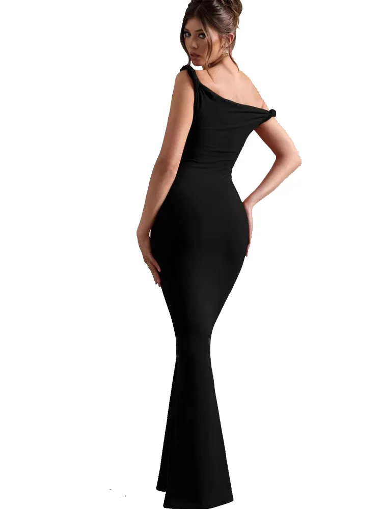 Moda mujer Sexy ceñido al cuerpo vestido de noche con cuello oblicuo elegante fuera del hombro sin mangas vestidos largos de fiesta nueva ropa de Color sólido