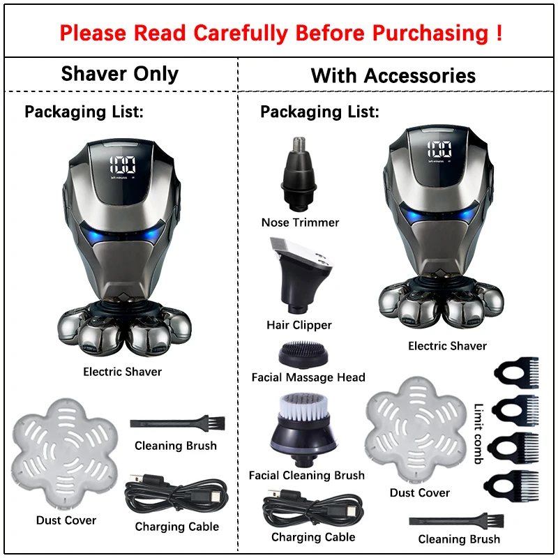 5-IN-1 Men Electric Shaver Rechargeable Bald Head 7D Floating Blade Head Beard Nose Ear Hair Trimmer Razor Clipper Facial Brush