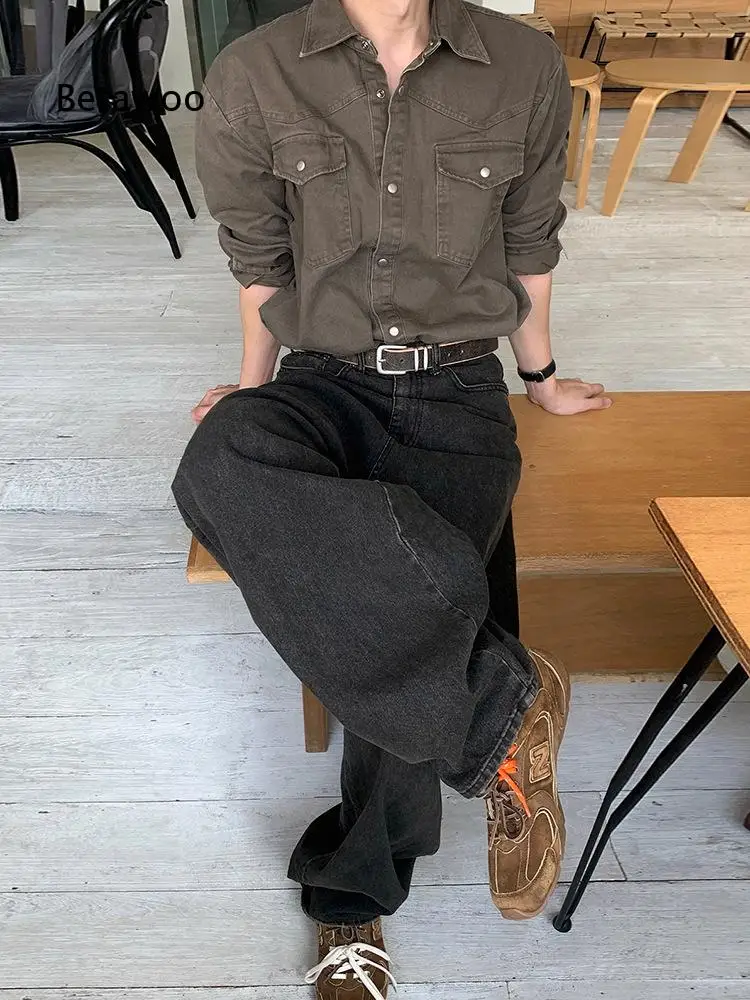 Old Money Style Cargo Long Sleeve Shirt For Men Autumn Loose Casual Blouse Korean Commute Vintage