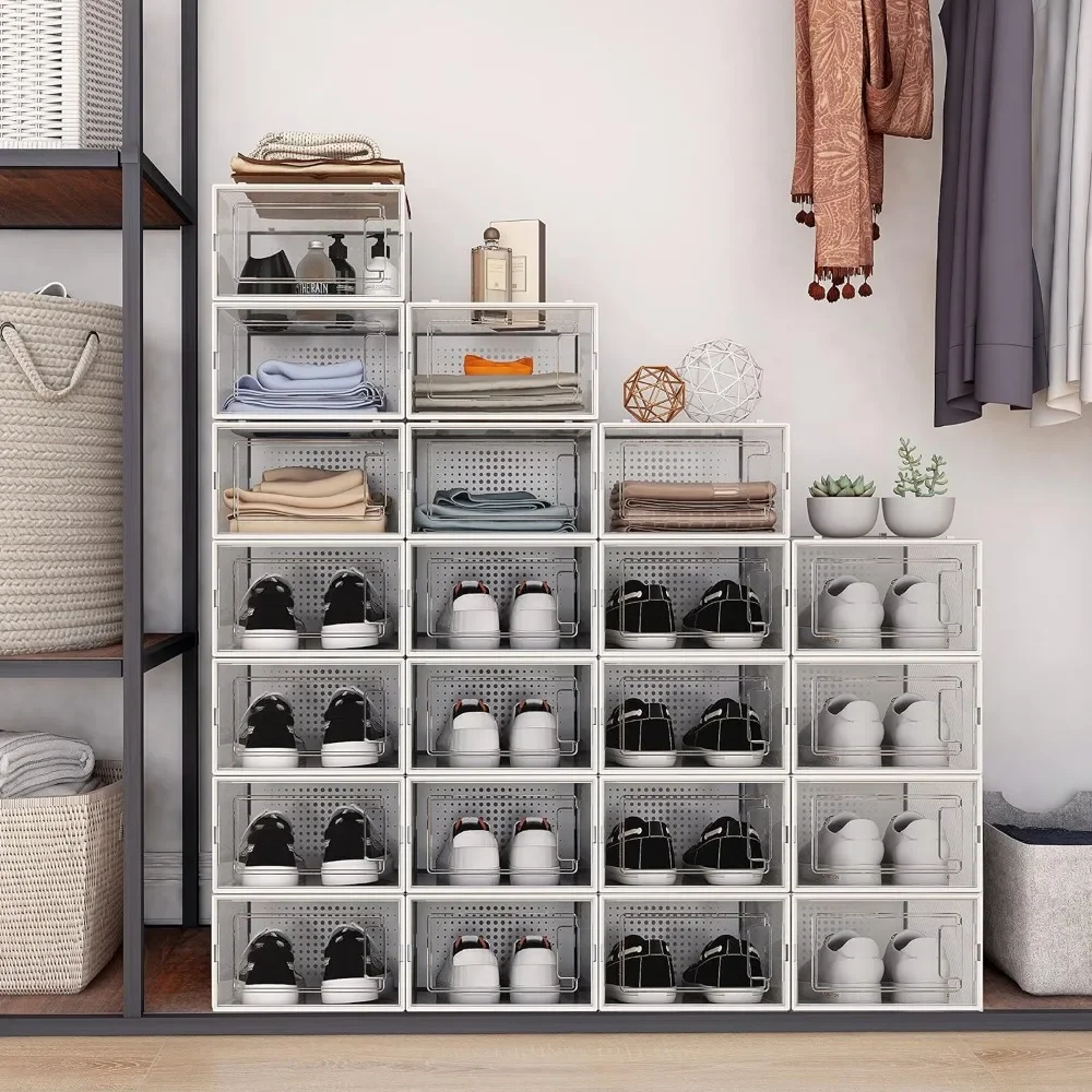 

Stackable Shoe Storage Boxes, 24 Pack Shoe Organizer for Closet, Clear Plastic Shoe Box with Lids, Space Saving Sneaker