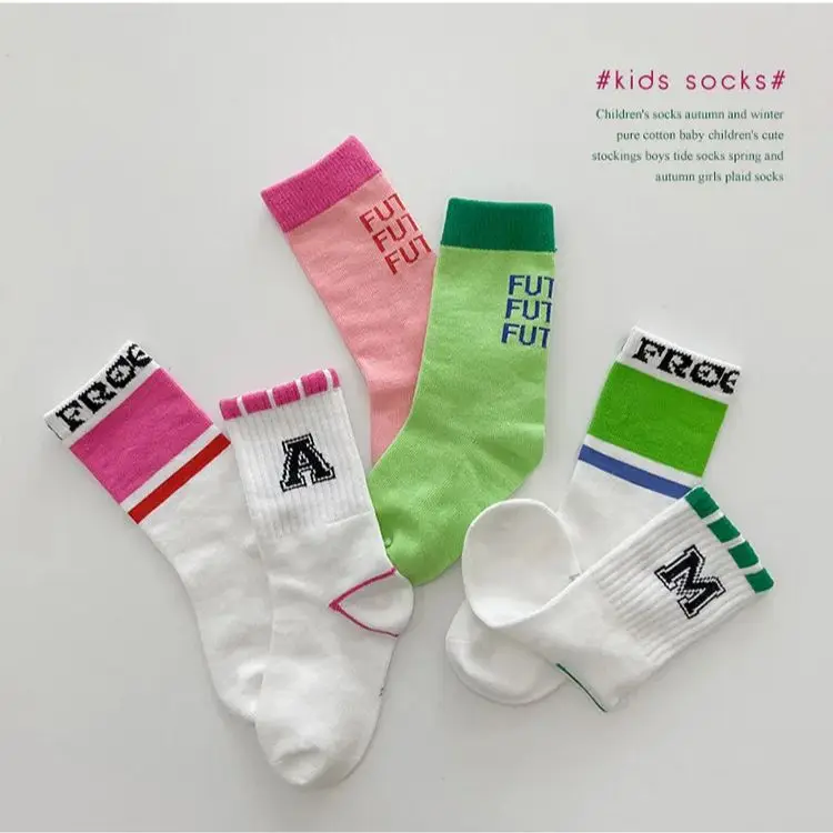 1-12T Kids Sokken Meisjes Mid Calf Sokken Lente Trendy Contrast Kleur Letter Sport Sokken Kids Jongens Katoenen Sokken