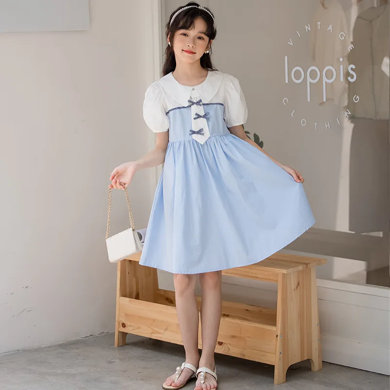 Girls Short-sleeved Dress 2024 Summer New Children Wear Academy Wind Big Child Color Skirt Fashion Simple Casual Skirt