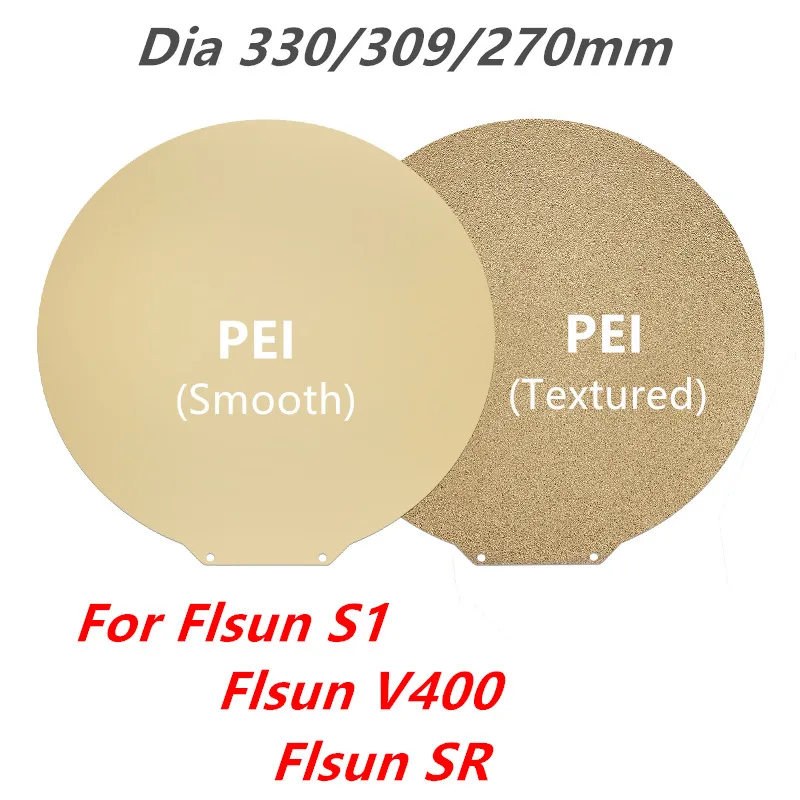 ENERGETIC For Flsun S1/Flsun V400 PEI Build Plate Round Dia 330/309/270mm Textured/Smooth PEI Magnetic Spring Steel Flex Bed