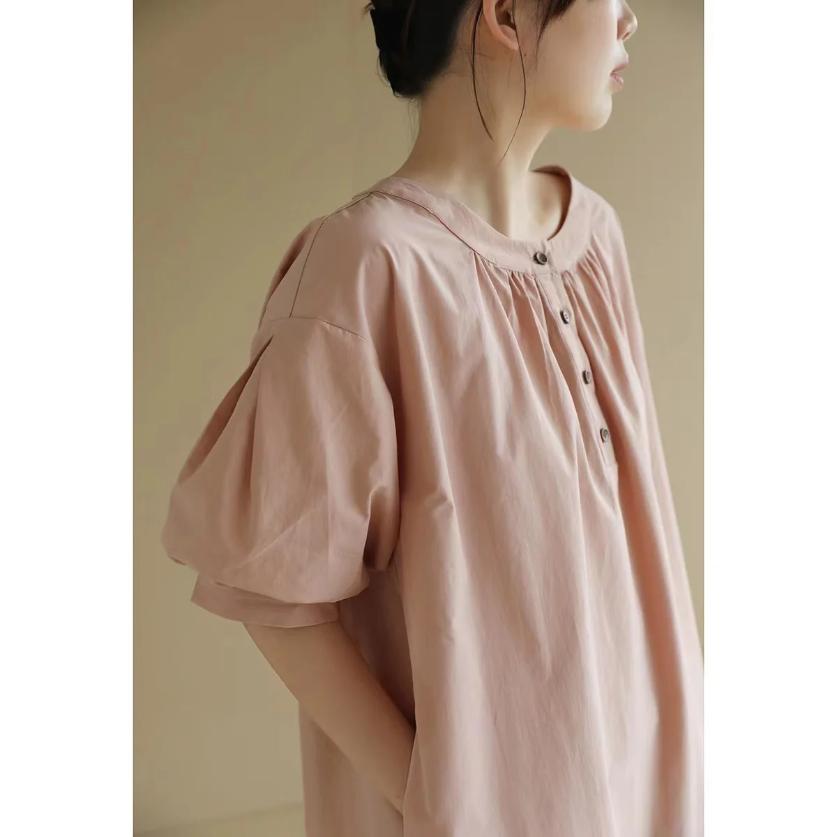 レトロな丸いネックのコットン混紡素材のサマースカート、ゆったりとしたミディ丈、レディース服、タグ付き、韓国風、通勤、ピュアなC...