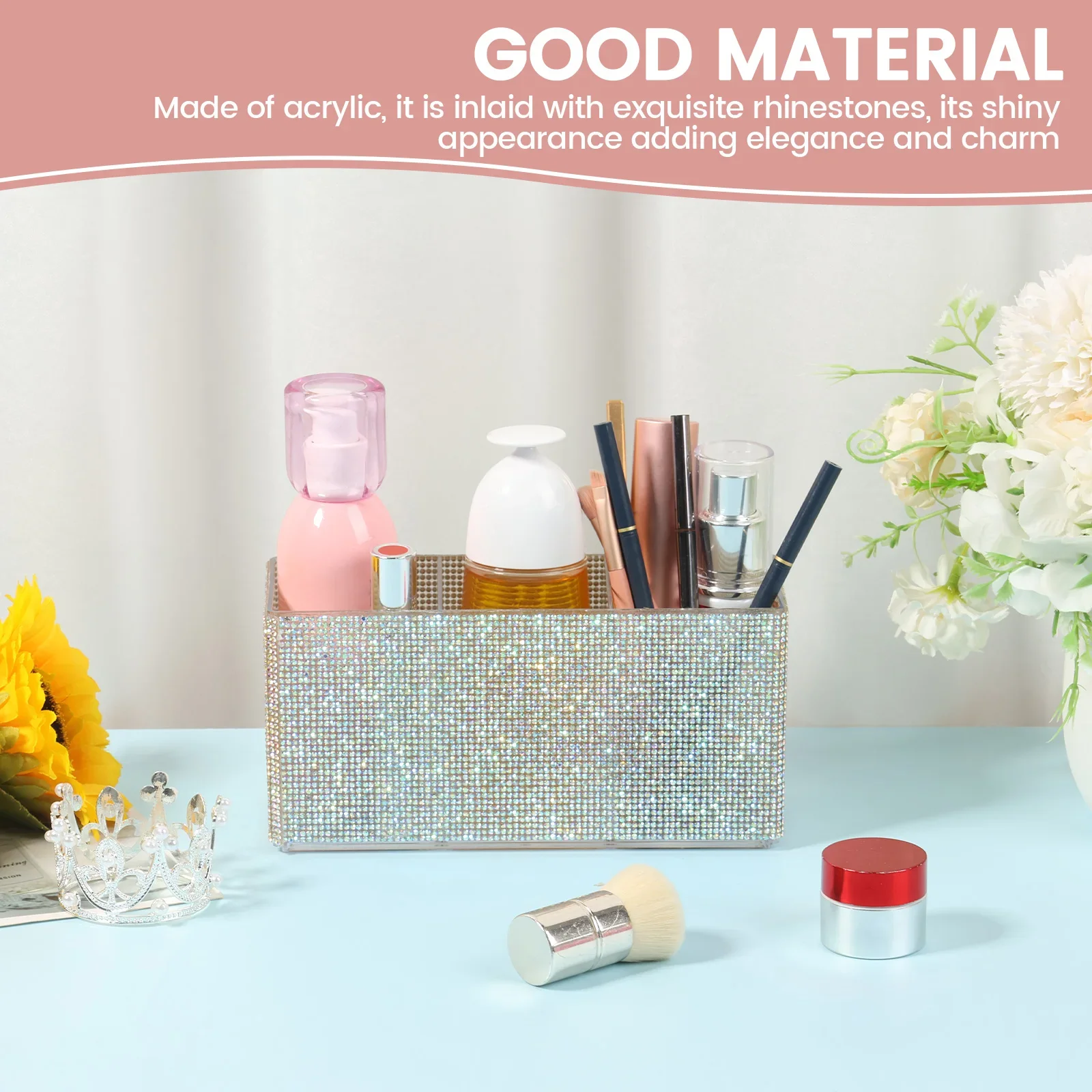 3 Grids Acrylic Glitter Pen Holder Makeup Brush Holder Countertop Desk Tidy Pen Box For Cosmetics Jewelry Stationery Organizer