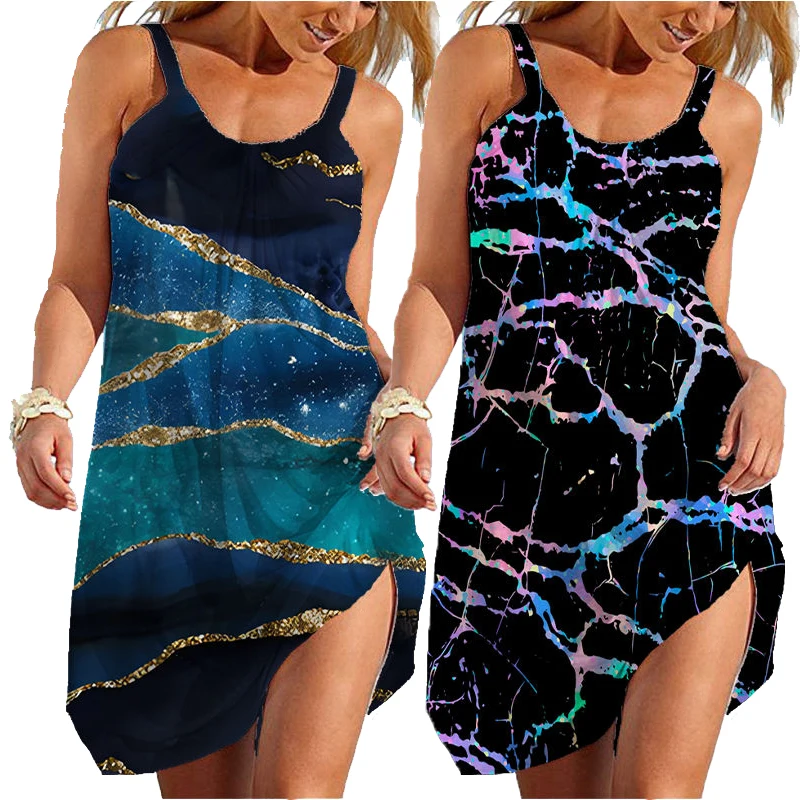 2023 New Hot Women Boho Summer Sleeveless Traf Black Printed 3D Beach Dress Sexy Dress Sundress Vestios for Ladies Hawaiian