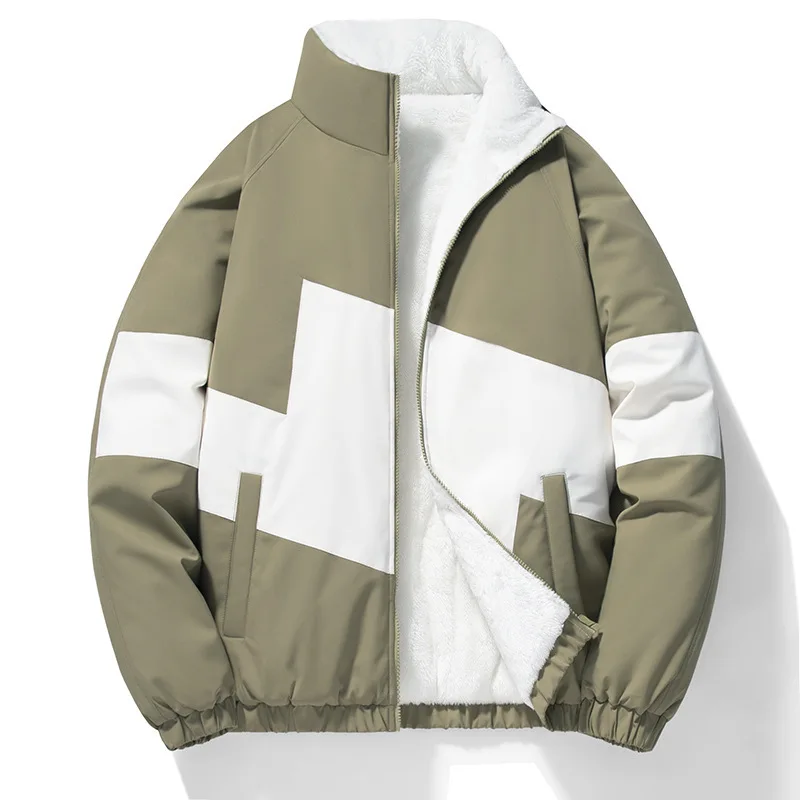 Winter Men Plush Jacket New Thicken Cold-proof Stand Collar Male Coat Contrast Color Long Sleeve Zipper  Loose Man Outerwear