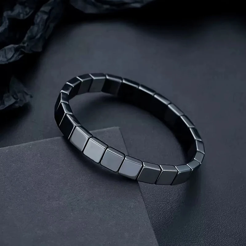 FTCY Hematitelack Black Gallstones Elastic Square Bead Bracelet For Men Hemios Hematite Bangles Restore Confidence Nhance Mental