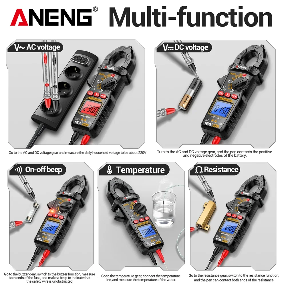 ANENG CM85 Clamp Meter AC DC Ammeter Clamp Pengukuran Daya Presisi Tinggi 6000 Hitungan NCV Tegangan Arus Alat Penguji Listrik