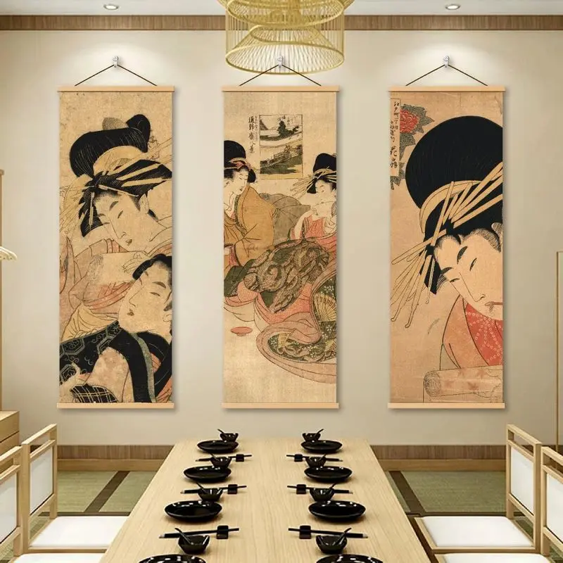 VIKAMA Wooden Hanger Tapestry Wall Hanging Japanese Ukiyo e Geisha Beauty Vintage Woodblock Print Izakaya Restaurant Wall Decor