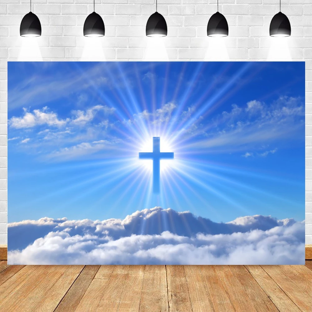 Christian Cross ฉากหลังเมฆสีขาว Blue Sky God Bless Holy Spirit อีสเตอร์พระเยซูบันไดสู่สวรรค์การถ่ายภาพพื้นหลังภาพ
