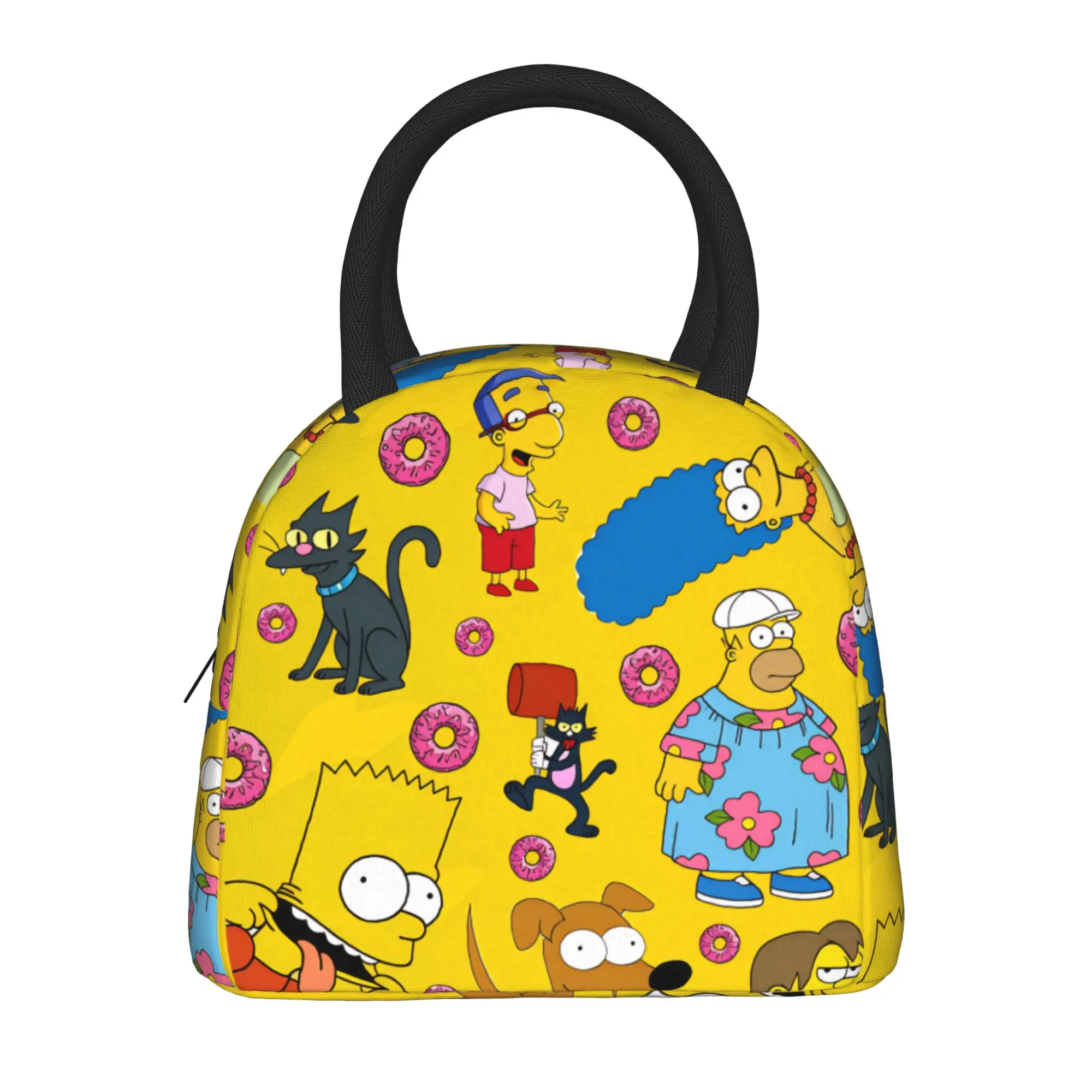 S-Simpsons Characters Donuts Pattern Lunch Bag For Women Office Portable Insulated Cooler Bag Waterproof Print Tote Food Bags
