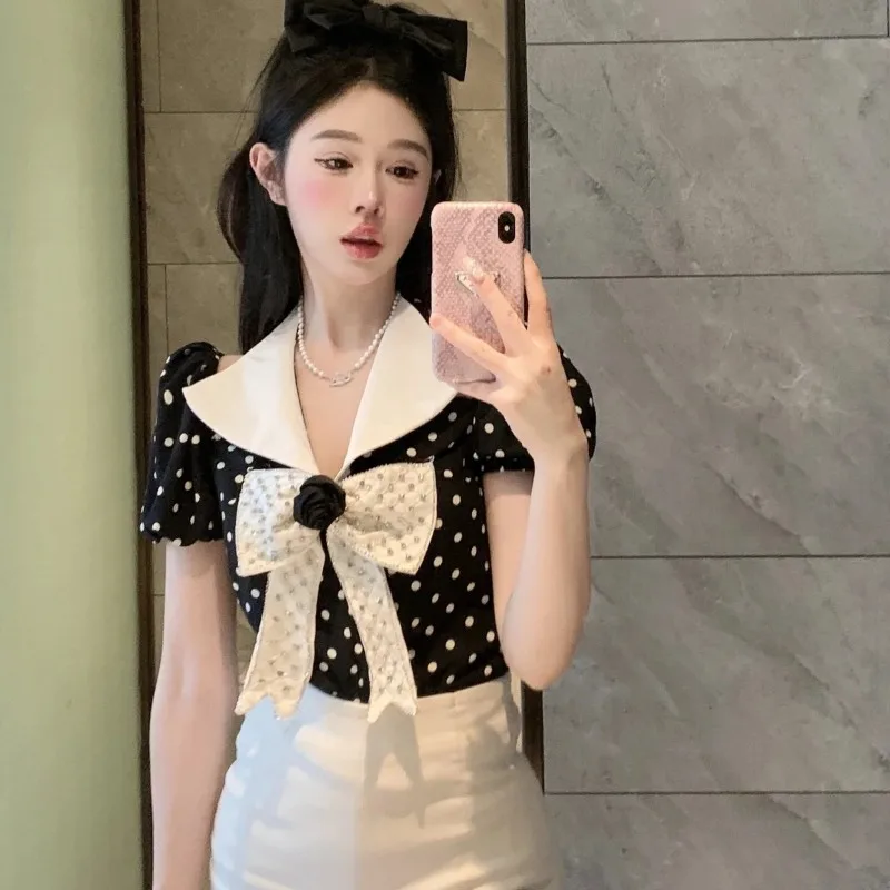 Miiiix French Fashion Contrast Bow Bubble Sleeves Retro Chiffon Top Hanging Neck Polka Dot Hepburn Small and Popular Shirts