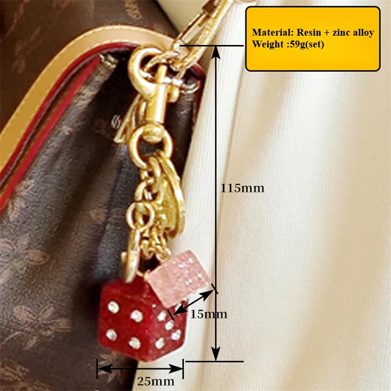 New Hot-selling Good Luck Dice String Crystal Epoxy Gold Foil Resin Keychain Fashion Bag Key Chain Bag Purse Accessories
