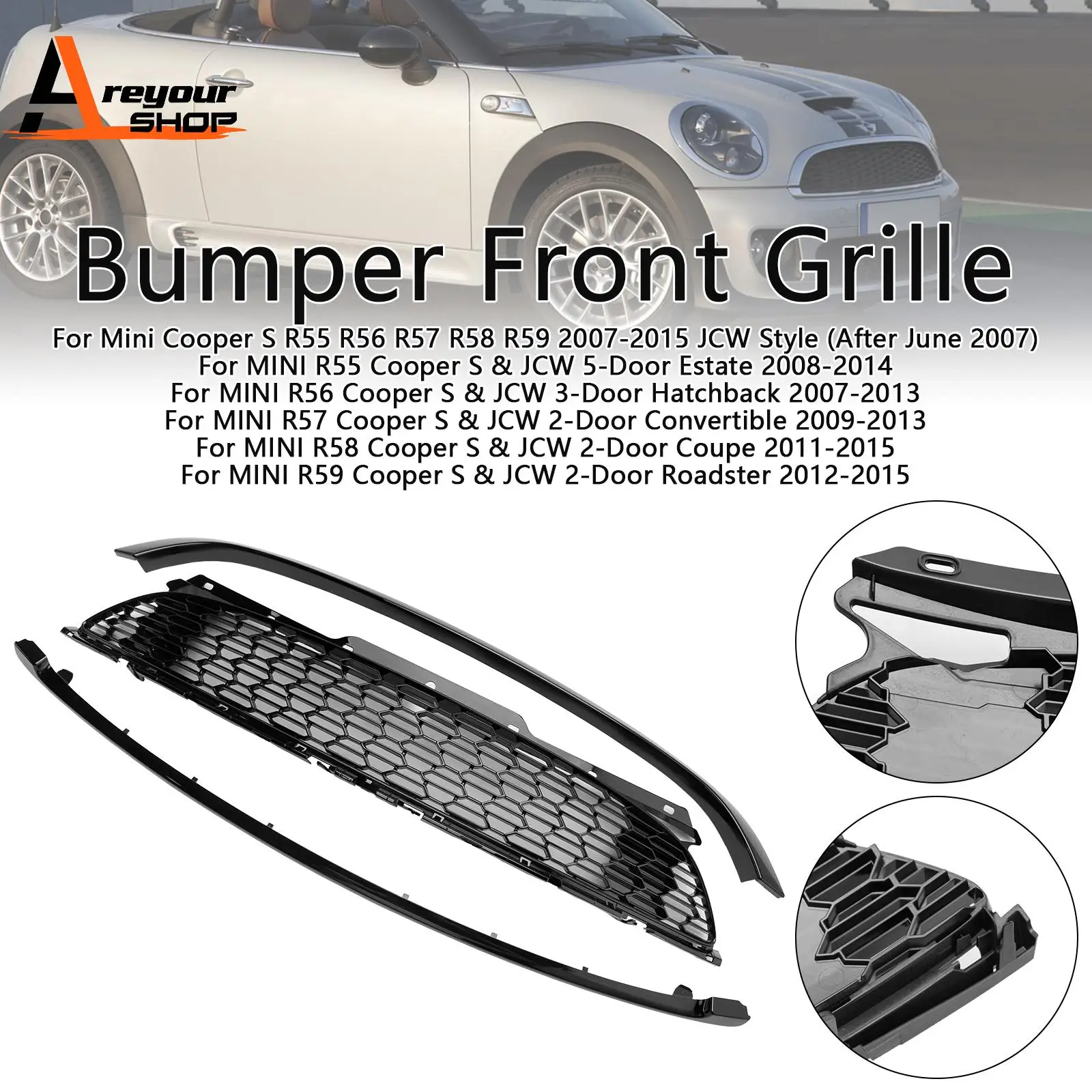 3PCS Gloss Black Front Grill Grille Fit for Mini R55 R56 R57 R58 R59 Cooper S & JCW