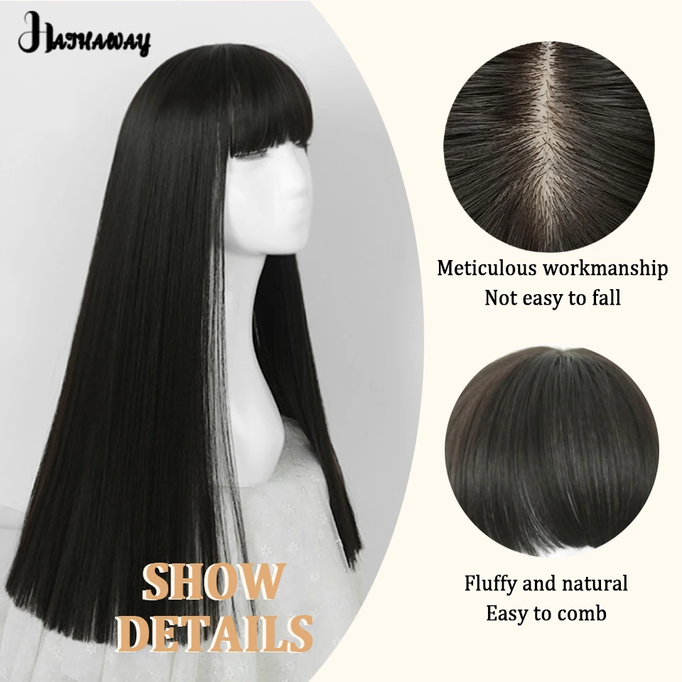 24 Inch Black Long Straight Female Synthetic Long Straight Hair Temperament Long Black Hair Cosplay Lolita Holiday Party Wear