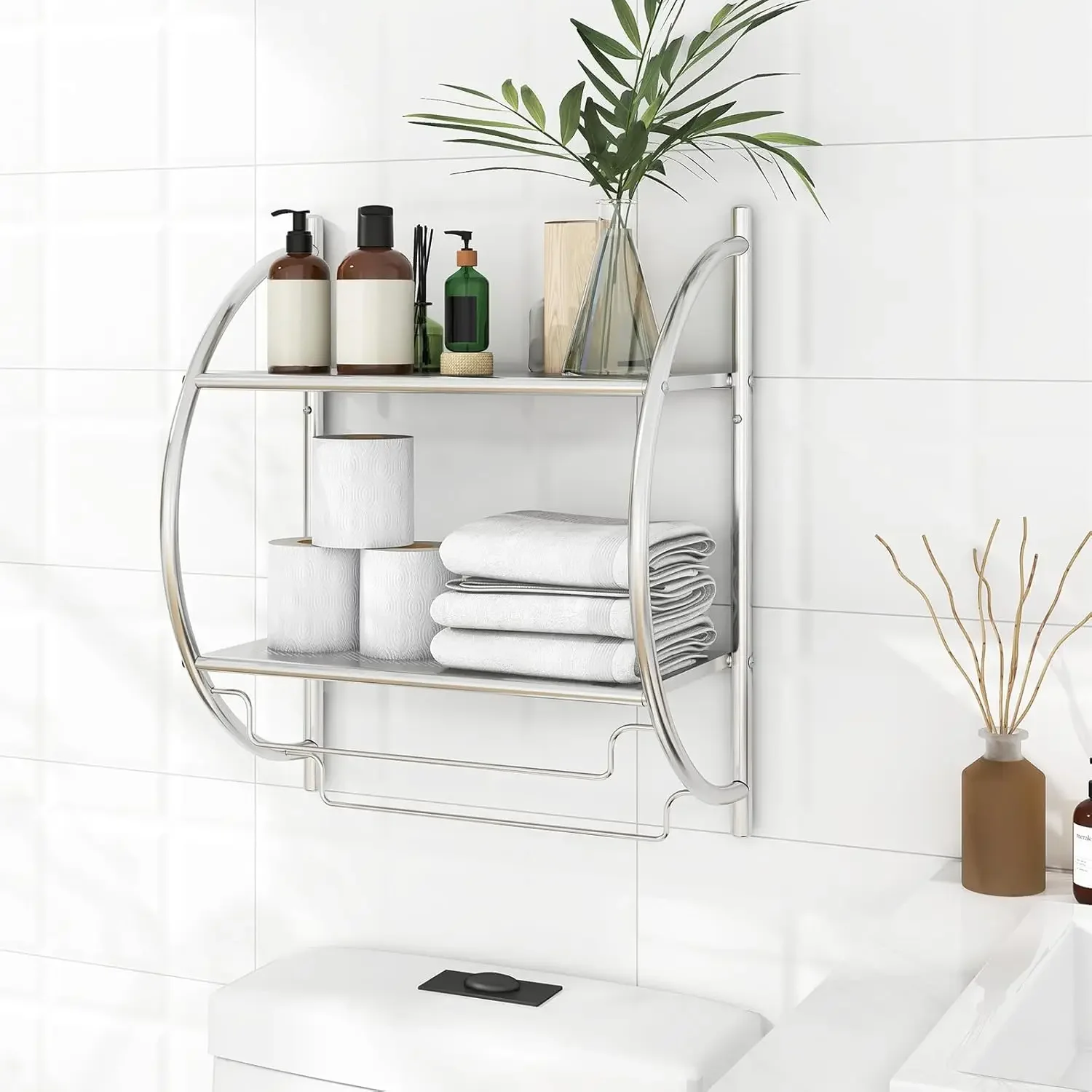 Bathroom Shelf with Towel Rack - 2 Tier Rustproof Over The Toilet Storage Shelf with Double Towel Bars