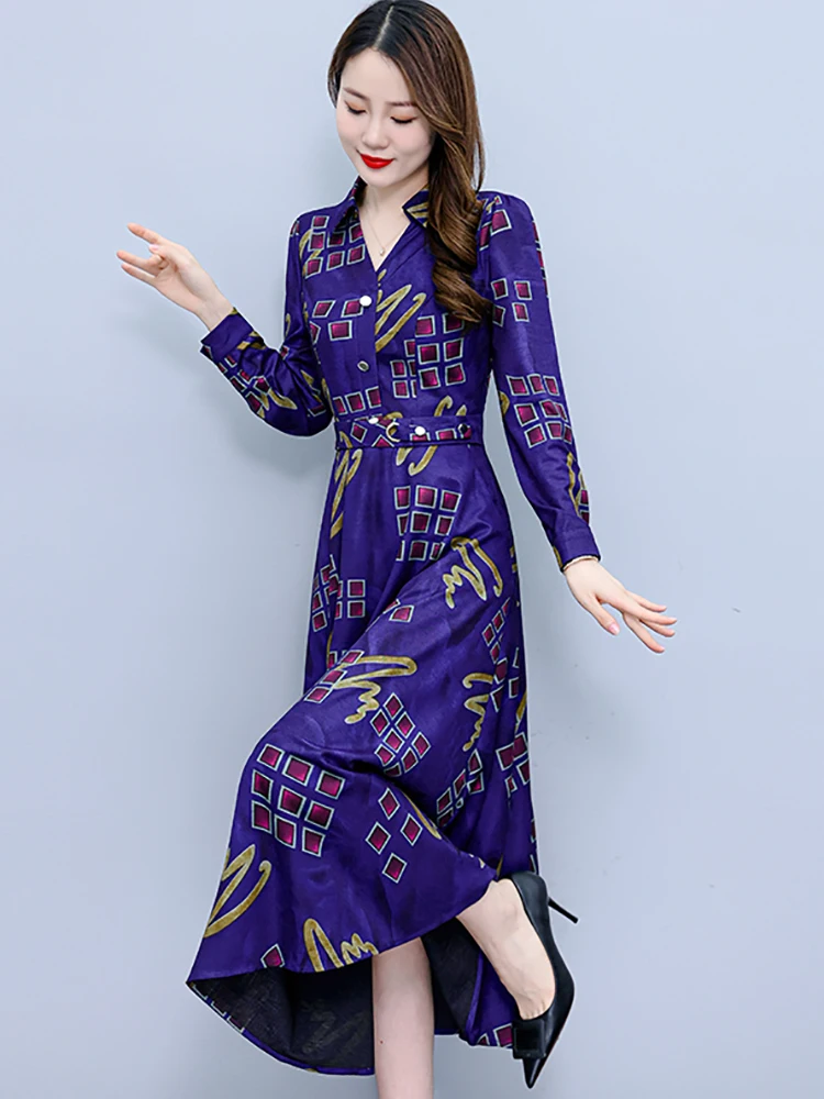 Vintage Print Evening Dress for Women 2024 Office Lady Polo Collar Shirt Dress Autumn Winter Elegant Bodycon Party Long Vestidos