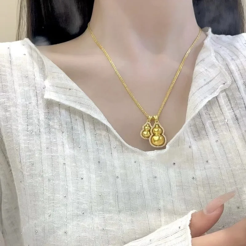 24k 999Gold necklace with diamonds, rotatable double gourd pendant, stackable pure gold necklace gift